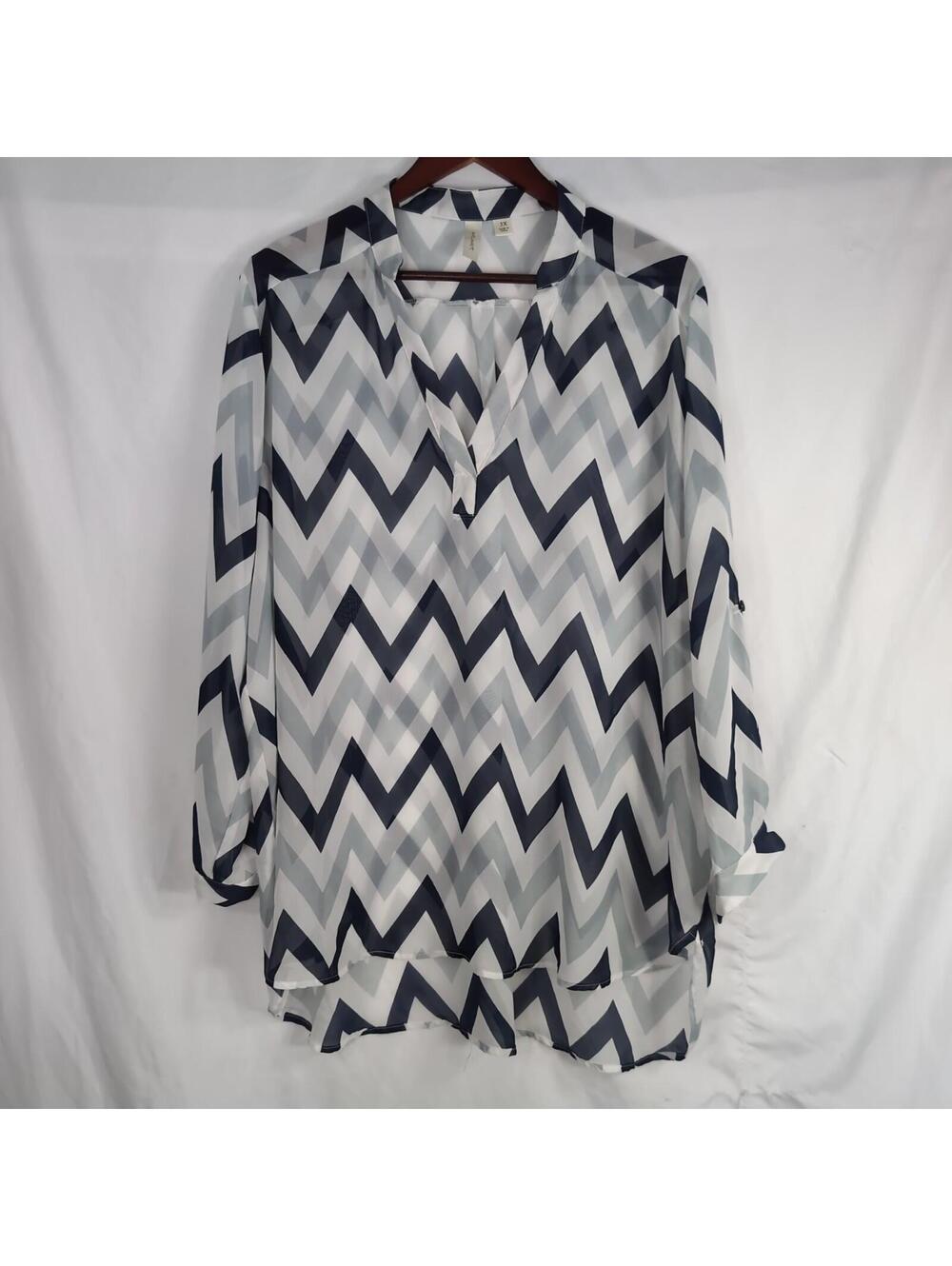 TACERA SEMI SHEER CHEVRON BLUE WHITE BLOUSE 3/4 SLEEVE SZ 3X